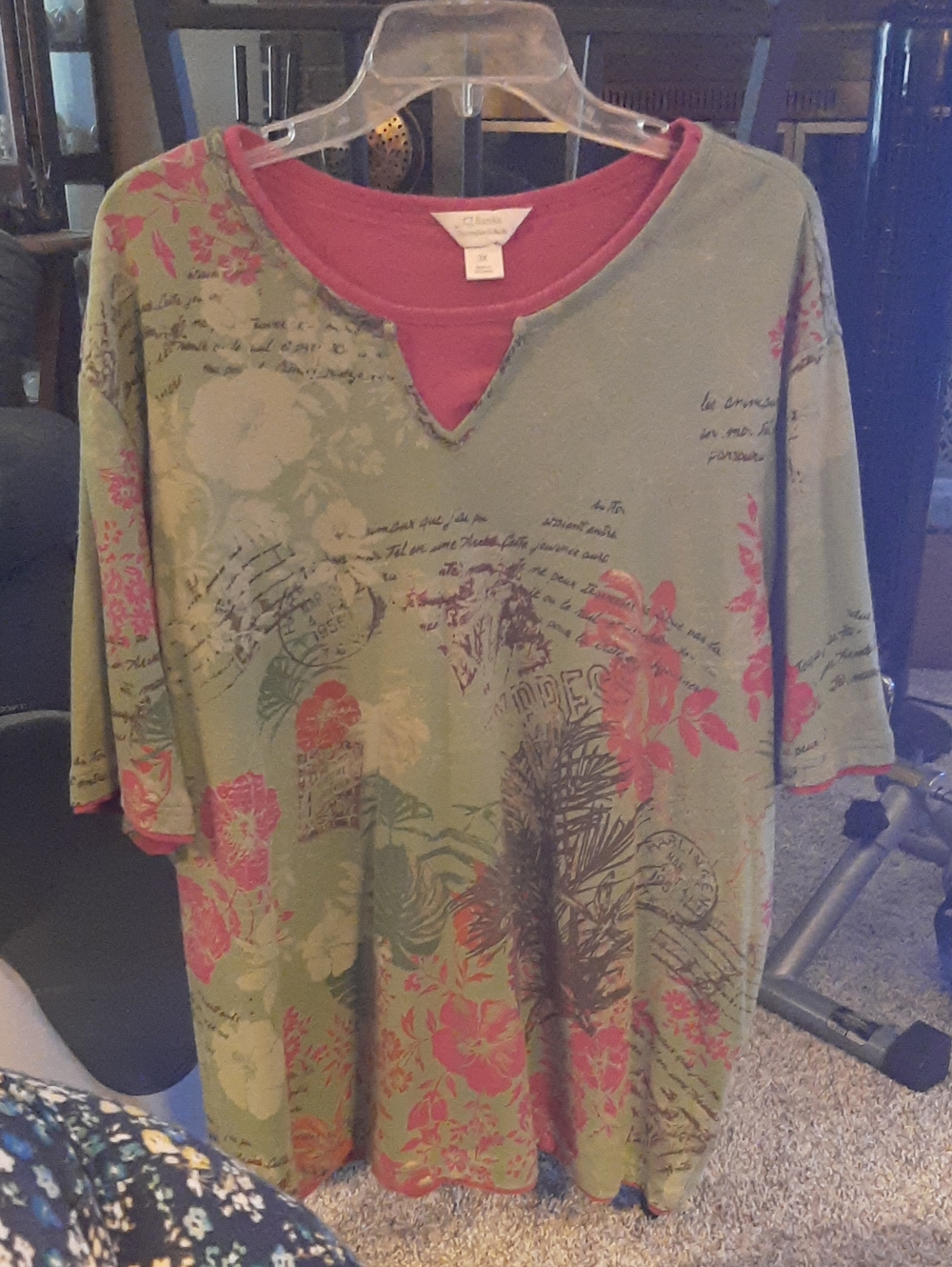 Christopher & Banks Green Scoop Neck Tee with Pink Floral Print